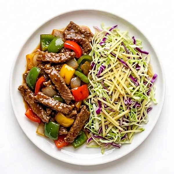 Cantonese beef & bell pepper bowl with shredded ginger vegetable